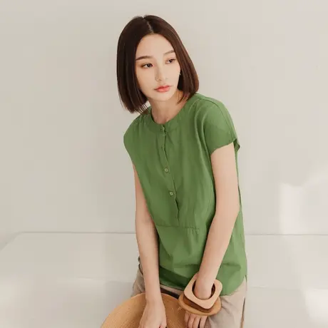 桔熊夏季文艺范纯色圆领衬衫前短后长落肩短袖上衣女大码AB17214商品大图