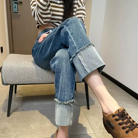 卷边直筒牛仔裤女春秋2025年新款宽松显瘦小个子九分高腰烟管裤子商品大图