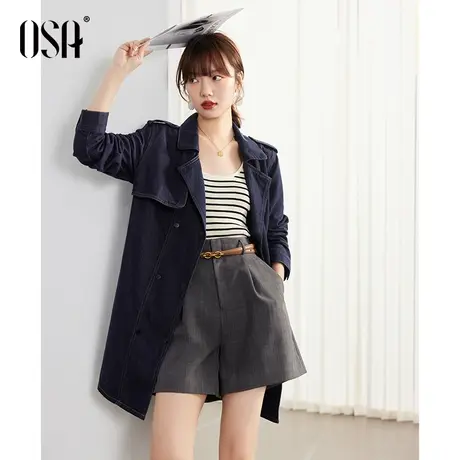 OSA欧莎 藏蓝色中长款流行显瘦牛仔风衣外套早春装女2023年新款商品大图