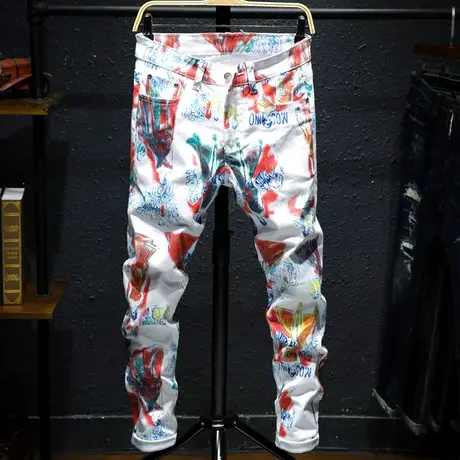 春夏新款花裤子男牛仔裤男小脚修身个性潮流涂鸦印花街头潮流青年商品大图