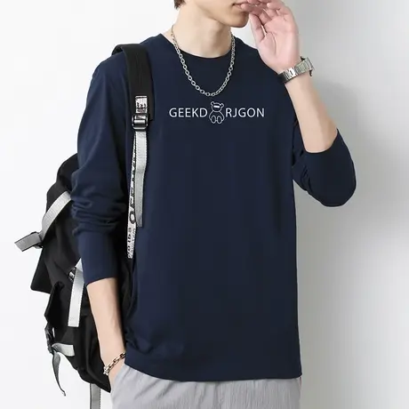 2023新款纯棉长袖t恤男生小熊印花上衣服秋季宽松全棉内搭打底衫商品大图