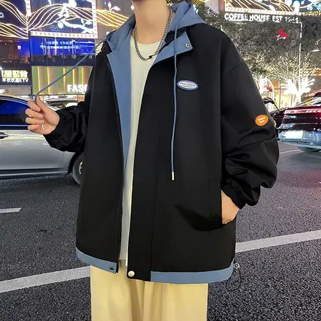 假两件外套男士春秋季2023新款潮牌冲锋衣夹克男生港风春装上衣服商品大图