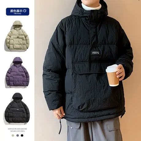 冬季新款厚款保暖棉服男潮流ins宽松套头连帽美式大口袋棉衣外套商品大图