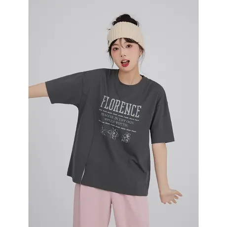 尔给字母灰色短袖女夏季t恤2022年新款美式潮牌宽松上衣小个子图片