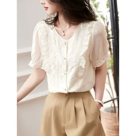 时尚气质天丝短袖衬衫2023年夏季新款淑女温柔圆领宽松瘦通勤上衣商品大图
