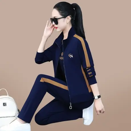运动套装女士春秋休闲衣服三件套2024年新款时尚拉链立领卫衣外套商品大图