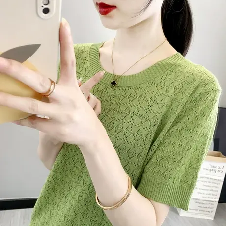 减龄春夏新款宽松镂空短袖圆领T恤上衣女装薄款纯色显嫩柳叶绿潮商品大图