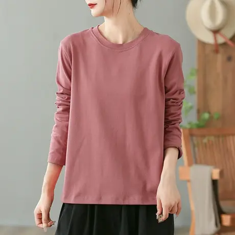 dza复古纯色全棉长袖T恤女士春秋内搭打底衫休闲百搭洋气漂亮上衣图片