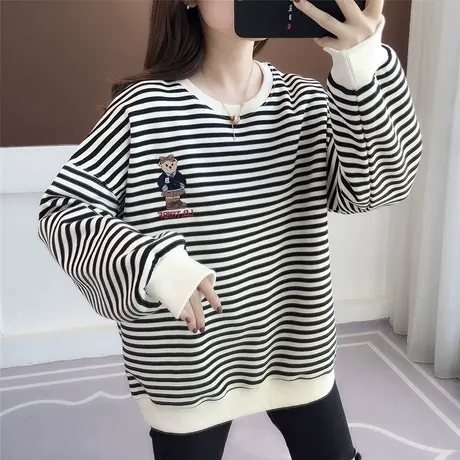 卫衣女春秋2023新款条纹女士套头女士卫衣刺绣小熊宽松爆款外套女图片