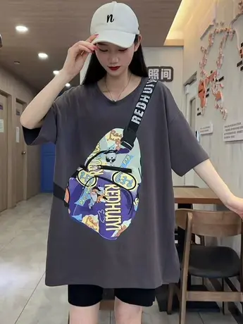 2023夏季新款中长款时尚印花短袖宽松大码百搭潮流圆领T恤半袖潮商品大图