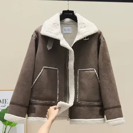 羊羔毛皮毛一体外套女冬2023新款韩版加厚保暖宽松显瘦机车服夹克商品大图