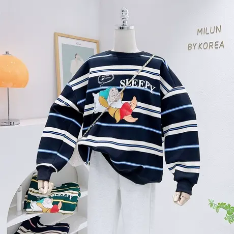 韩国东大门秋冬加绒上衣小众设计感复古减龄休闲条纹加厚卫衣宽松商品大图