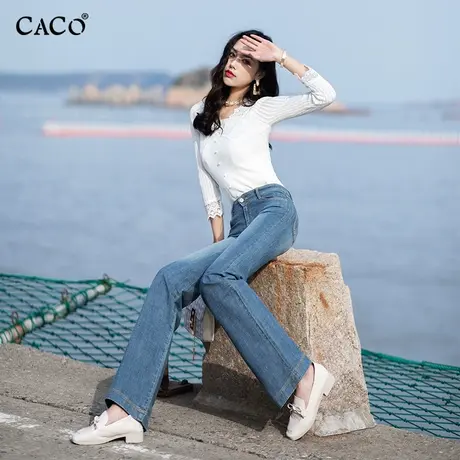 微喇牛仔裤女中腰提臀显瘦蓝灰色韩版大裤脚喇叭裤韩国CACO正品商品大图