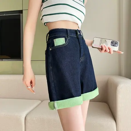 牛仔短裤女五分夏季薄款高腰a字宽松显瘦设计感撞色小众阔腿中裤商品大图
