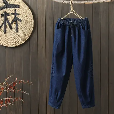 枫谜2022年秋季新款蕾丝拼接复古文艺休闲松紧腰系带牛仔裤图片