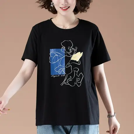 短袖t恤女夏季加肥加大码女装宽松纯棉印花百搭休闲遮肚显瘦体恤商品大图