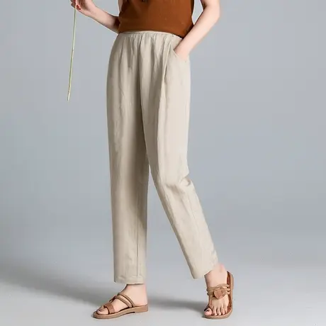 中年妈妈夏季棉麻九分裤女加大码女裤宽松高腰薄款休闲亚麻哈伦裤图片