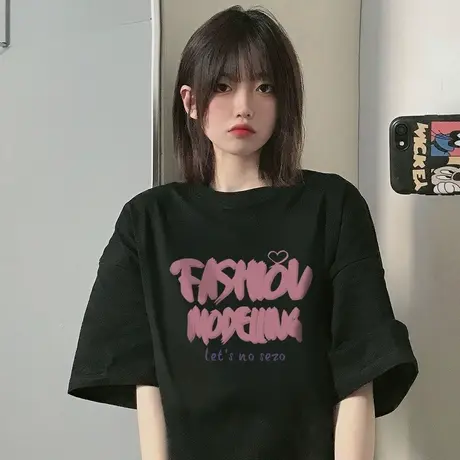 美式复古纯棉正肩短袖t恤女夏季宽松潮牌ins设计感小众半袖上衣服商品大图