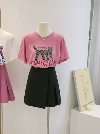 小豹子卡通印花短袖t恤女夏2023新款设计感露背休闲百搭圆领上衣商品大图