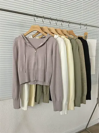 秋装2023新款短款拉链连帽针织开衫女小个子宽松高腰毛衣小衫上衣商品大图