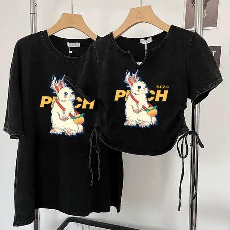 夏季纯棉水洗做旧短袖T恤女新款美式复古嘻哈oversize百搭上衣潮图片