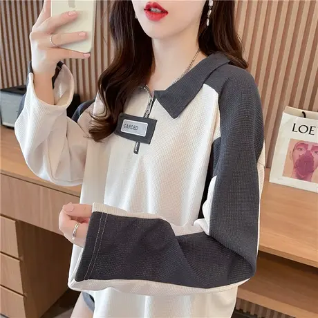 小个子娃娃领卫衣女春秋季韩版宽松薄款撞色翻领长袖t恤上衣外套商品大图