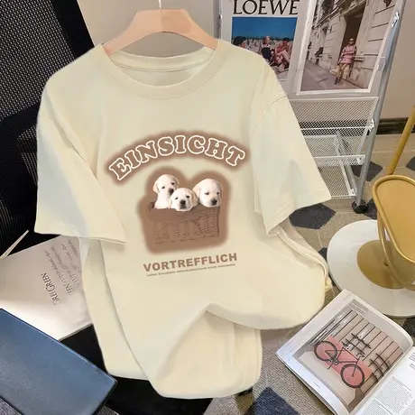 美式复古印花t恤女2023新款纯棉ins潮夏季大码慵懒风减龄短袖上衣商品大图