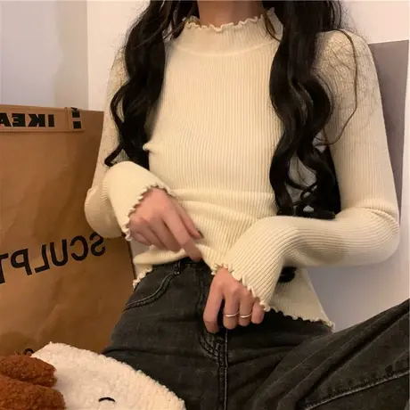 木耳边半高领打底衫2024年春秋冬季新款内搭洋气毛衣针织衫女上衣图片