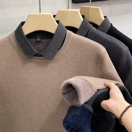 一体绒假两件毛衣男秋冬季修身衬衫领男士加厚圆领保暖针织打底衫商品大图