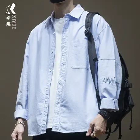 夏季潮流蓝色衬衫男长袖工装休闲衬衣款男士春秋大码纯棉秋冬外套图片