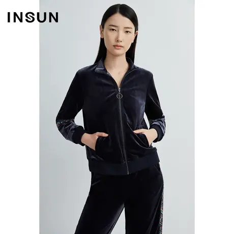 INSUN恩裳奥莱秋季印花宽松百搭运动休闲丝绒短外套商品大图