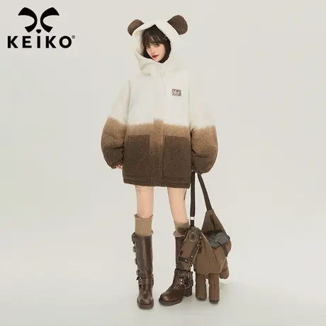 KEIKO [夹棉]渐变色羊羔毛外套女2023冬季设计感撞色宽松连帽棉服图片