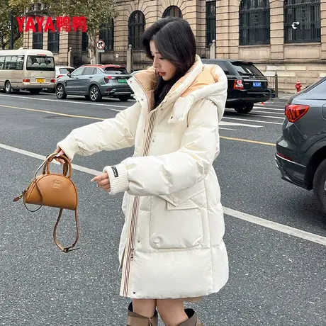鸭鸭羽绒服女2023冬季新品中长款收腰百搭连帽鸭绒加厚保暖外套M图片