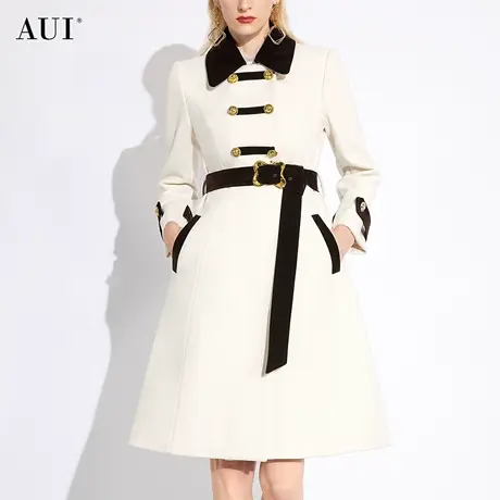 AUI欧货白色中长款毛呢外套女冬2023新款高级感修身气质呢子大衣商品大图