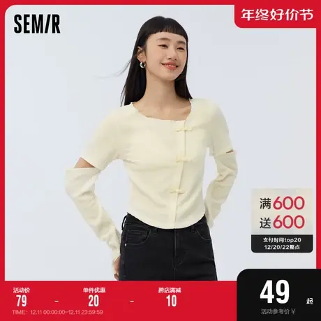 森马长袖T恤女短款修身甜酷小个子2023春季新款国风盘扣肌理上衣图片