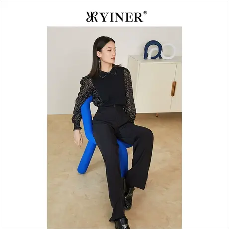 *YINER音儿奥莱女装2022春季新款拼接波点网纱花边袖针织衫商品大图