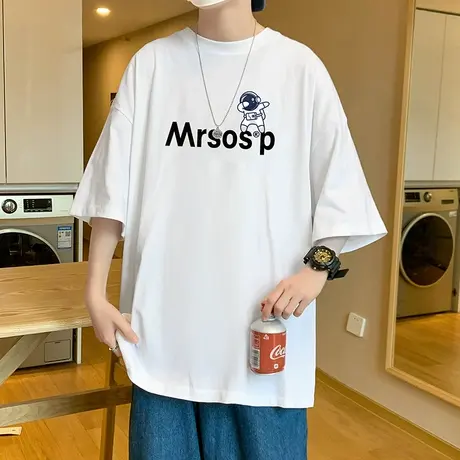 宇航员印花短袖t恤男潮牌夏季宽松纯棉冰丝半袖国潮ins重磅上衣服商品大图