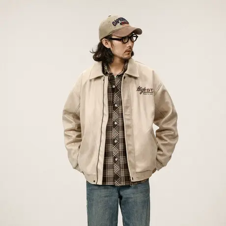 本布拼接潮流夹克时尚潮流夹克长袖宽松翻领秋冬新款外套休闲男装图片