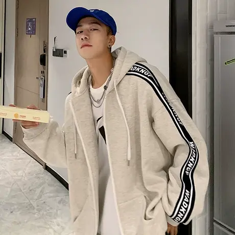 连帽卫衣外套男秋冬季加厚加绒潮牌条纹撞色上衣港风宽松休闲开衫商品大图