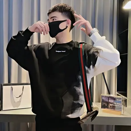 美式渐变撞色设计感潮牌卫衣t恤男春季新款个性痞帅长袖上衣外套商品大图