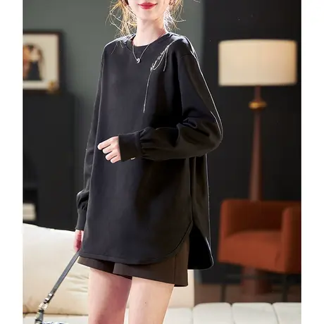 宝诗黎圆领字母刺绣宽松卫衣女2024春季新款宽松百搭休闲棉质上衣商品大图