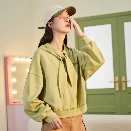 唐狮春秋季连帽女卫衣宽松设计感领结oversize可爱上衣外套运动图片