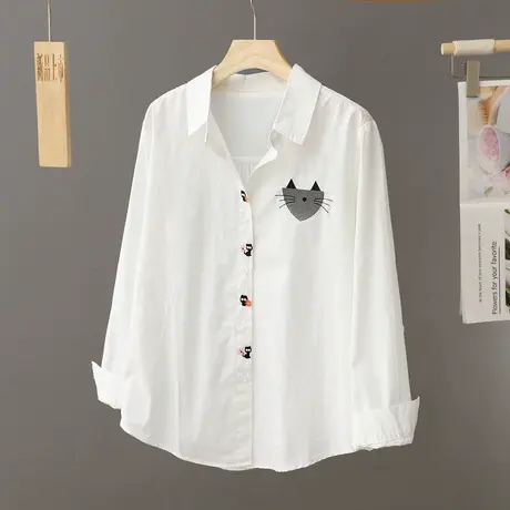 猫咪刺绣纯棉白色衬衫打底衫女早春新款2024年小个子上衣百搭衬衣图片