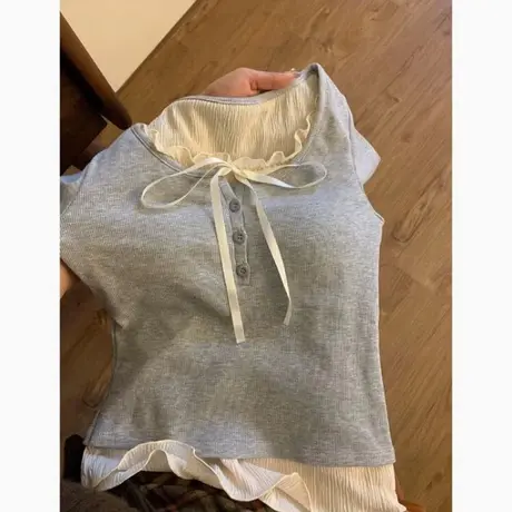 洋气时髦内搭打底衫女早春季修身韩版百搭长袖T恤假两件拼接上衣商品大图