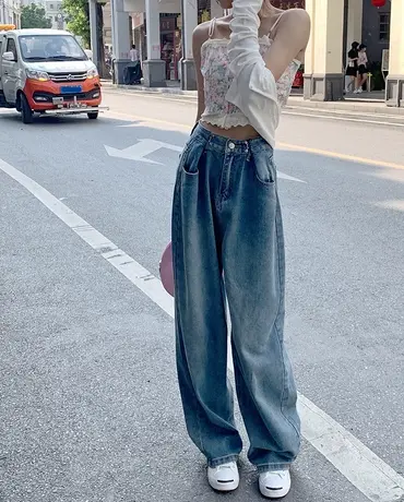 直筒牛仔裤女春夏季美式复古设计感小众直筒拖地裤休闲老爹裤ins图片