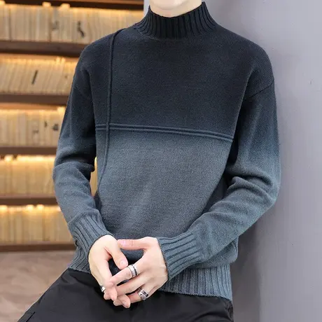 秋冬季半高领毛衣男韩版休闲加厚款打底衫青少年潮帅气条纹针织衫商品大图