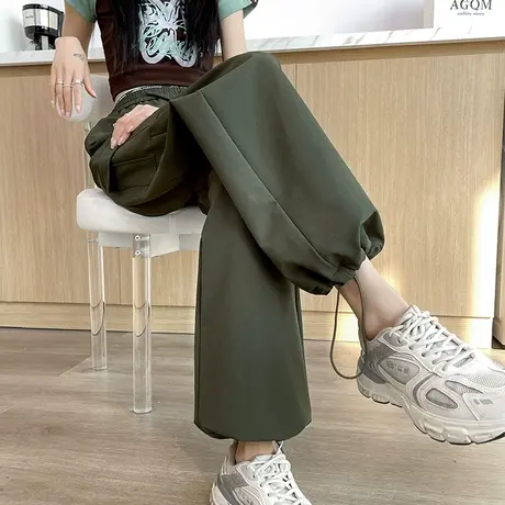 绿色休闲工装裤女2024春秋新款高腰阔腿宽松垂感直筒显瘦拖地长裤图片