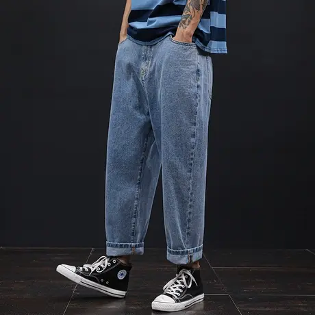 九分裤男宽松直筒无弹牛仔裤大码老爹裤2023秋冬厚款港风阔腿裤子商品大图