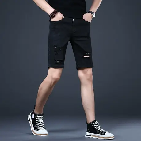 夏季男款男士黑色破洞五分牛仔短裤男2023年新款休闲修身中裤子男图片