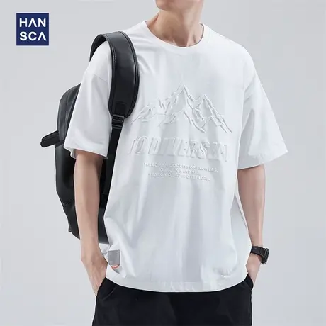 hansca 重磅短袖t恤男休闲纯棉夏季潮牌大码宽松圆领白色印花上衣商品大图